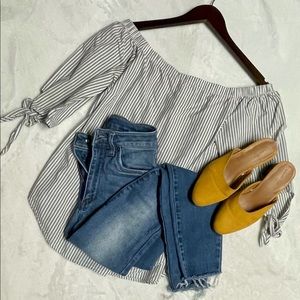 Stripped off-the-shoulder Linen Top